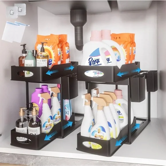 2 Pack Double Sliding Under Sink Organizers and Storage, 2-Tier Pull-Out Storage